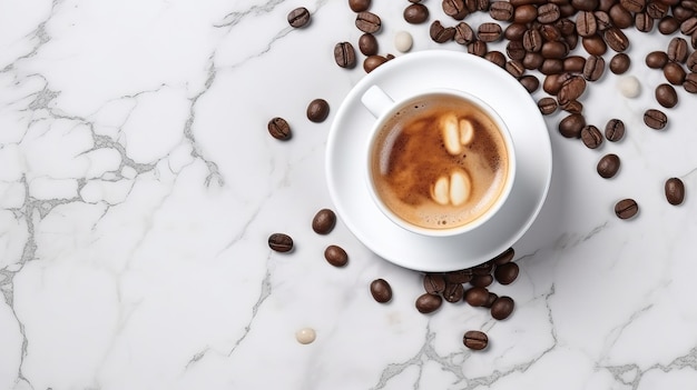 Draufsicht auf eine Tasse Kaffee, umgeben von gerösteten Kaffeebohnen, frisch gebrühter generativer KI