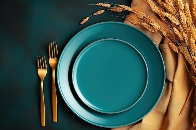 Draufsicht auf eine Tischdeko-Attrappe mit türkisfarbenen Tellern, Besteckservietten und goldenem Weizendekor