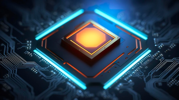 Draufsicht auf einen Chip mit leuchtendem Licht und Nebel in Orange und Blau AI Generative