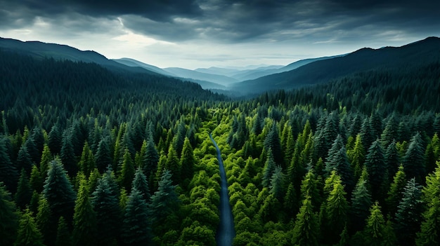 Draufsicht auf einen dichten grünen Wald in der Natur, Drohnenansicht des von der KI erzeugten Reservats