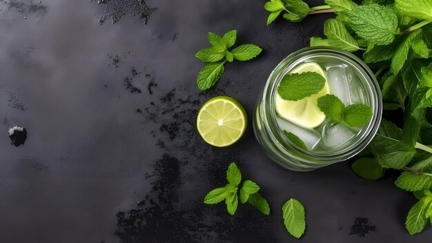 Draufsicht auf einen erfrischenden Minzcocktail-Mojito in einem Glas auf schwarzem Hintergrund mit Limetten-Minzblättern und Eis. Neuronales Netzwerk, erstellt im Mai 2023. Basiert nicht auf einer tatsächlichen Szene oder einem tatsächlichen Muster