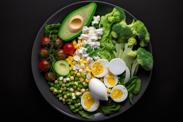 Draufsicht auf einen frischen Gemüsesalat, perfekt für Ostern, mit gekochtem Eierbrokkoli