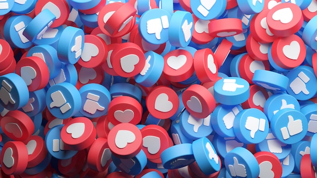 Draufsicht auf einen großen Haufen von Facebook-Like- und Love-Buttons für einen Hintergrund beim 3D-Rendering