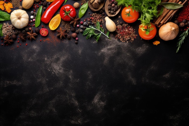 Draufsicht auf einen Kochhintergrund aus schwarzem Stein mit Gewürzen, Gemüse und freiem Textbereich