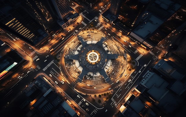 Draufsicht auf einen Kreisverkehr mitten in einer geschäftigen Stadt. Luftaufnahme zentriert symmetrisch
