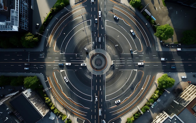 Draufsicht auf einen Kreisverkehr mitten in einer geschäftigen Stadt. Luftaufnahme zentriert symmetrisch