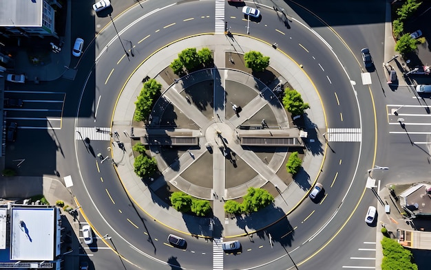 Foto draufsicht auf einen kreisverkehr mitten in einer geschäftigen stadt. luftaufnahme zentriert symmetrisch