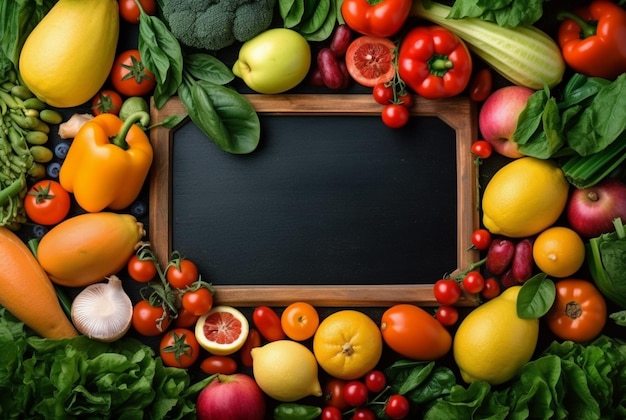 Draufsicht auf einen leeren Rahmen inmitten von frischem Gemüse und generativem Obst
