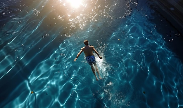Draufsicht auf einen Mann, der im Pool schwimmt, Hintergrund für Sport und Erholung im Urlaub