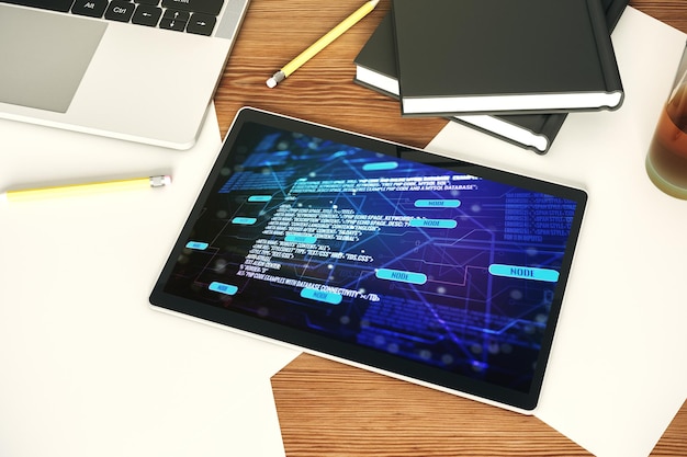 Draufsicht auf einen modernen digitalen Tablet-Monitor mit abstrakter Programmiersprache, Hologramm, künstlicher Intelligenz und maschinellem Lernkonzept 3D-Rendering