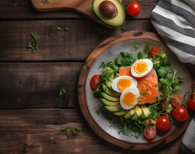 Draufsicht auf einen Teller mit Lachs und Gemüse für die ketogene Diät, kohlenhydratarme Diät, die Idee des bewussten Verzehrs von Lebensmitteln mit hohem Gehalt an gesunden Fetten auf einem Holztisch mit von der KI generiertem Kopierraum