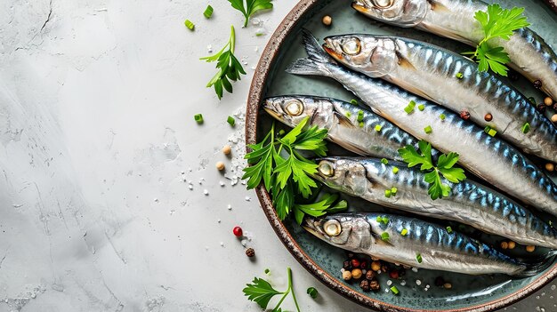 Draufsicht auf einen Teller roher Sardine mit großem Kopierraum. Generative KI