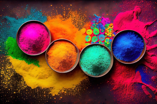 Draufsicht auf farbenfrohes traditionelles Holi-Pulver in mehreren Schalen mit Pulver auf dem Boden