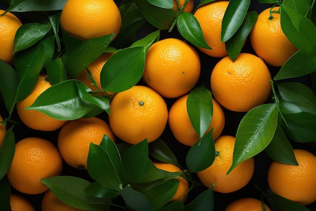 Draufsicht auf frische Orangen mit Blatthintergrund