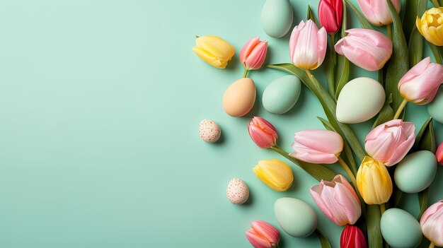 Draufsicht auf fröhlichen Osterkartenhintergrund mit Tulpen und dekorativen Eiern in verschiedenen Farben