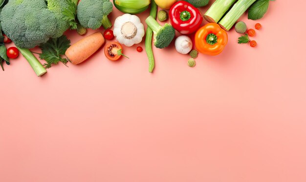 Draufsicht auf Gemüse auf rosa Hintergrund. Kopierraum. Kochzutat: Karotten, Tomaten, Gurken, Paprika, Brokkoli, Zwiebeln. Vegetarisches Bio-Lebensmittel-Banner. AI Generativ