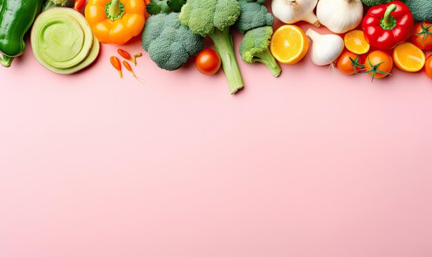 Draufsicht auf Gemüse auf rosa Hintergrund. Kopierraum. Kochzutat: Karotten, Tomaten, Gurken, Paprika, Brokkoli, Zwiebeln. Vegetarisches Bio-Lebensmittel-Banner. AI Generativ