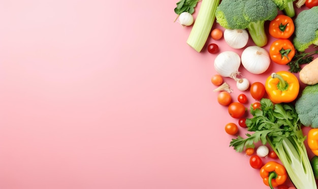 Draufsicht auf Gemüse auf rosa Hintergrund. Kopierraum. Kochzutat: Karotten, Tomaten, Gurken, Paprika, Brokkoli, Zwiebeln. Vegetarisches Bio-Lebensmittel-Banner. AI Generativ