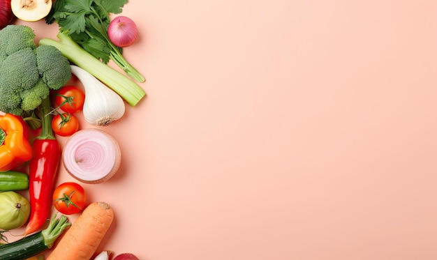 Draufsicht auf Gemüse auf rosa Hintergrund. Kopierraum. Kochzutat: Karotten, Tomaten, Gurken, Paprika, Brokkoli, Zwiebeln. Vegetarisches Bio-Lebensmittel-Banner, erstellt mit generativen KI-Tools
