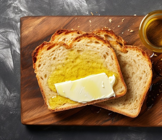 Draufsicht auf geschnittenen, handwerklich hergestellten Toast mit Butter und Zucker auf einem Holzschneidebrett, serviert als einfaches Gericht