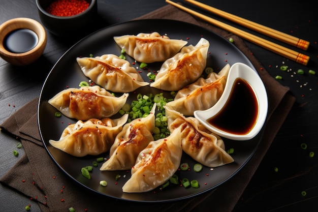 Draufsicht auf Gyoza-Sojasauce und Essstäbchen auf schwarzem Hintergrund