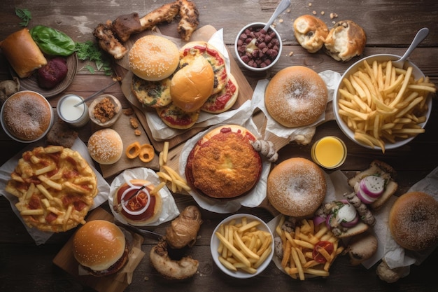 Draufsicht auf Hamburger und Pommes Frites auf einem Holztisch. So viele köstliche Fastfood-Gerichte in der Draufsicht auf einem von der KI generierten Tisch