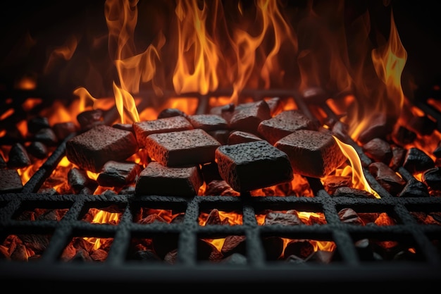 Draufsicht auf heiß flammende Holzkohlebriketts, die in der AI-Generation des Grillgrills glühen