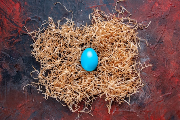 Draufsicht auf hellblaues Ei auf gelbem Stroh
