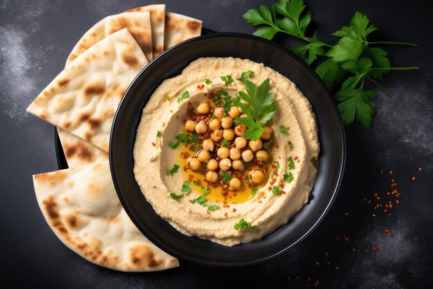 Draufsicht auf Hummus, einen gewürzten Kichererbsendip, serviert auf einem schwarzen Teller mit Pita-Fladenbrot auf grauem Stein