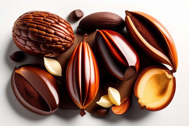 Draufsicht auf Kakaofrucht und Stapel Kakaobohnen, darunter rohe Kakaobohnen und geröstete Kakaobohnen mit