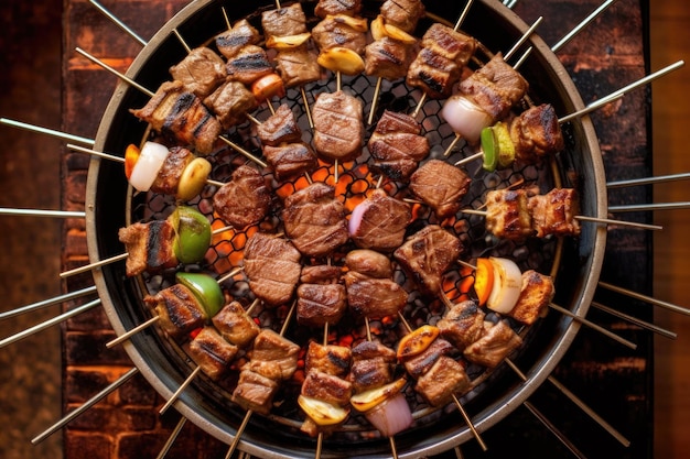 Draufsicht auf Kebabs, die auf einem runden Grill mit generativer KI kochen