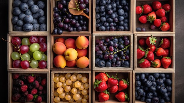 Draufsicht auf Kisten mit verschiedenen Früchten auf dem Markt