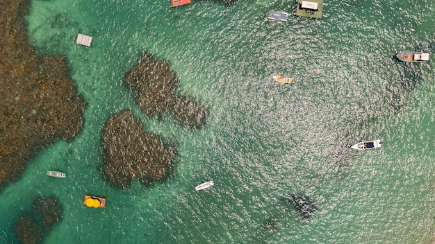 Draufsicht auf kleine Boote in natürlichen Pools, die von Riffen gebildet werden