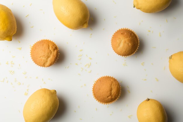Draufsicht auf köstliche hausgemachte Muffins mit Zitronen isoliert auf grau