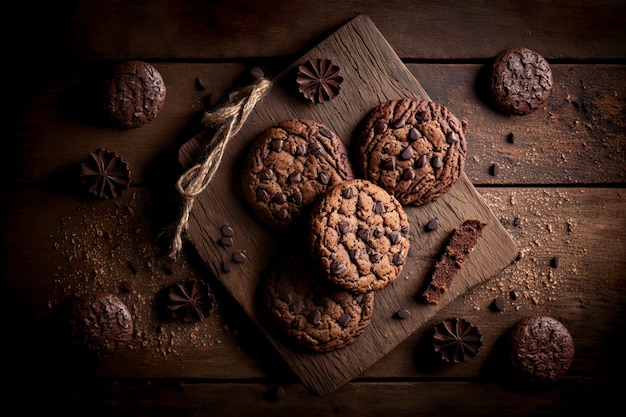 Draufsicht auf köstliche Kekse mit Schokoladenstückchen über dunklem Holz mit strukturierter generativer KI