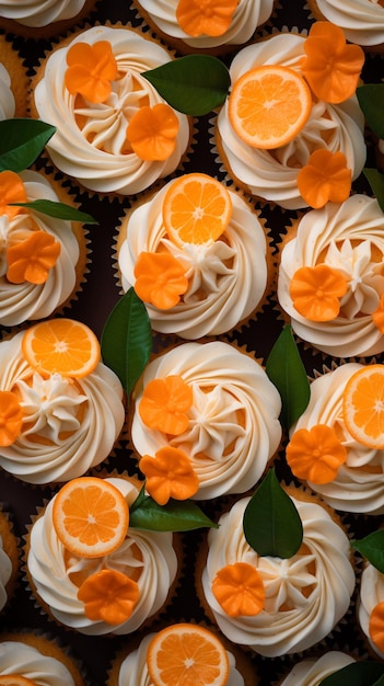 Draufsicht auf köstliche orangefarbene Cupcakes