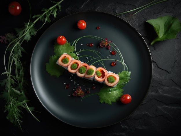 Draufsicht auf köstliche Sushi-Rollen auf schwarzem Tisch. Japanisches Essen. Generative KI