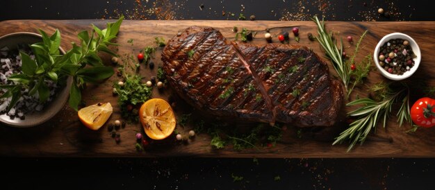 Draufsicht auf köstliches gegrilltes Rindersteak mit Kräutern und Gewürzen auf Holzbrett-Panoramaaufnahme