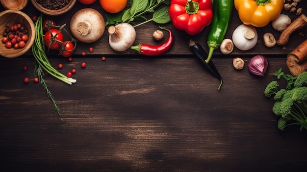 Draufsicht auf Lebensmittel, rustikaler Holztisch, Hintergrundzutaten für vegane Gerichte, Gemüsewurzel