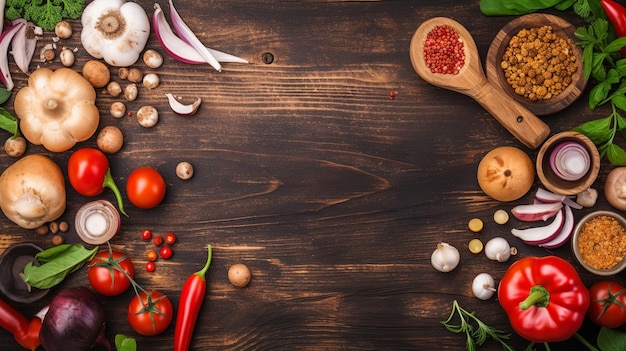Draufsicht auf Lebensmittel, rustikaler Holztisch, Hintergrundzutaten für vegane Gerichte, Gemüsewurzel