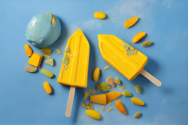 Draufsicht auf Mango- und Pistazien-Kulfi-Eis am Stiel auf blauem generativem Ai