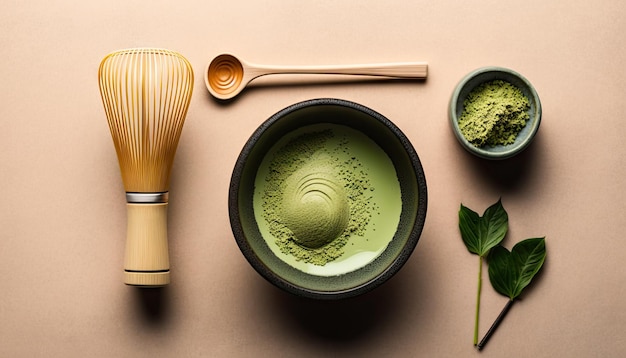 Draufsicht auf Matcha-Pulver grüner Tee in Schüssel Löffel Bambusbesen traditionelles Getränk Generative AI