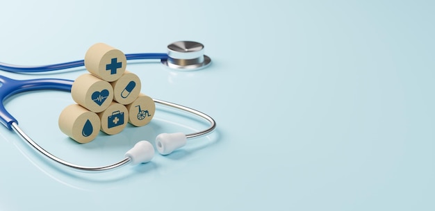 Draufsicht auf medizinisches Stethoskop und Holzgruppe mit Symbol Gesundheitswesen auf hellblauem Hintergrund Krankenversicherungskonzept 3D-Rendering