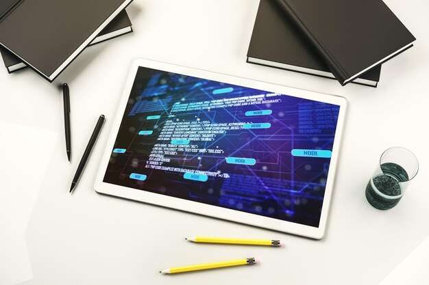 Draufsicht auf modernes digitales Tablet-Display mit abstraktem Softwareentwicklungs-Hologramm-Forschungs- und Analysekonzept 3D-Rendering