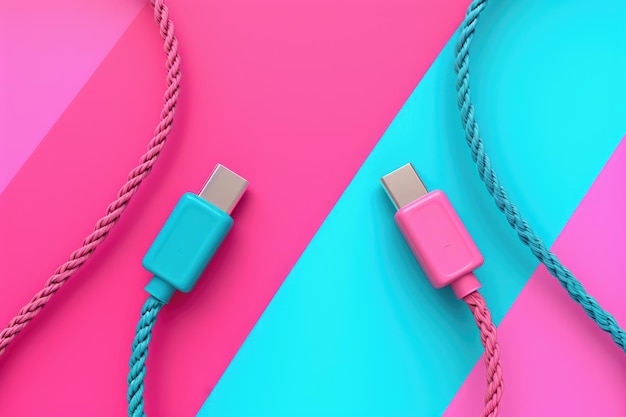 Draufsicht auf neonpinke und blaue USB-Kabel auf buntem Kartonhintergrund