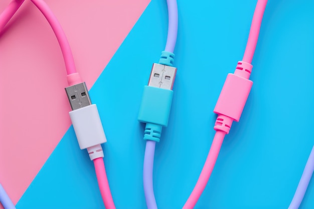 Draufsicht auf neonpinke und blaue USB-Kabel auf buntem Kartonhintergrund