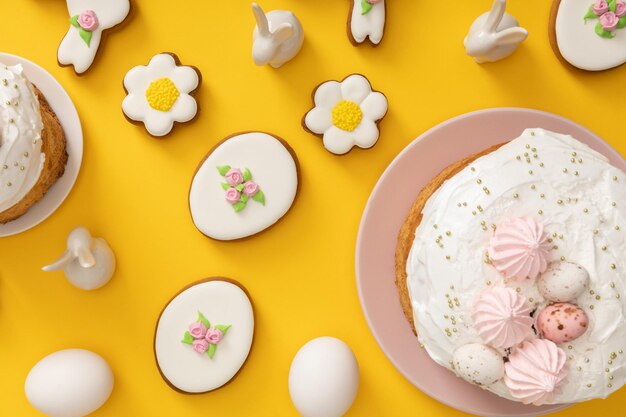 Draufsicht auf Osterkuchen, Hühnereier, Kekse und dekorative Häschen auf gelbem Hintergrund