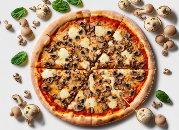 Draufsicht auf Pilzpizza auf weißem Hintergrund