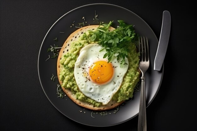 Draufsicht auf Pita mit Avocadoaufstrich und Spiegelei auf Teller, Draufsicht auf weißem Hintergrund