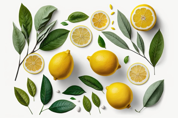 Draufsicht auf reife Zitronen und ihre Blätter auf weißem Hintergrund